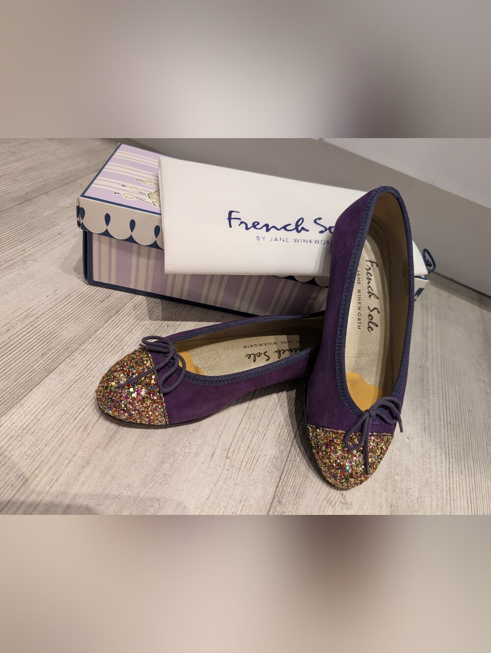 French Sole Purple Suede Ballet Flats with Multicolor Glitter Toe